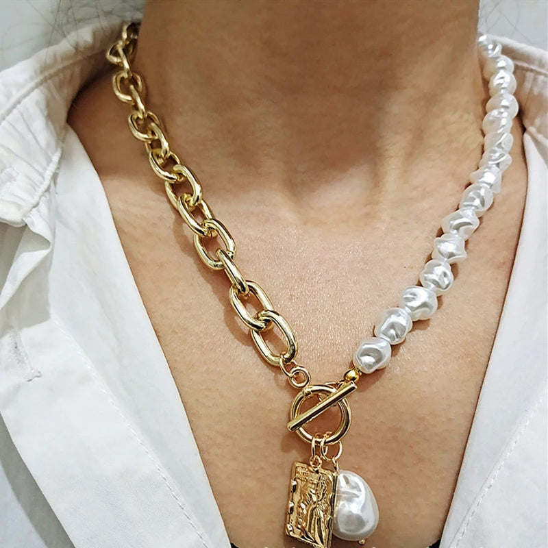 Fashion Irregular Baroque Pearl Golden Chain Necklace